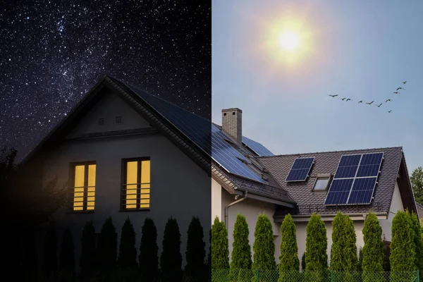 Painéis Solares Telhado Duas Águas Bela Casa Moderna Energia Solar — Fotografia de Stock