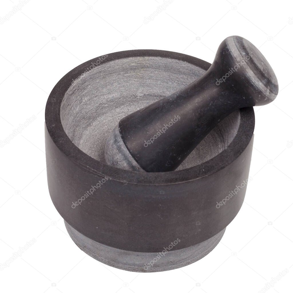 Black ceramic mortar and pestle isolated on white background. Cliping path.