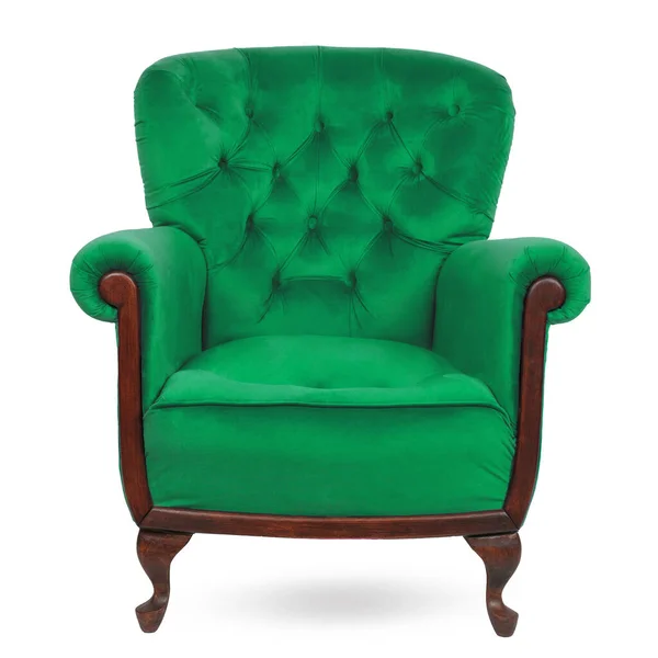 Elegancki Welurowy Zielony Klasyczny Fotel Poduszką Izolowaną Białym — Zdjęcie stockowe