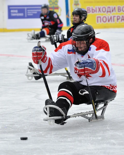 Forward starting attack during sledge hockey game