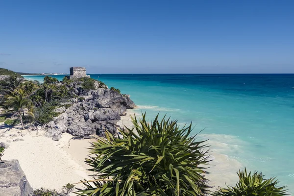 Praia de Tulum, ruínas maias em frente ao mar do caribe — Fotografia de Stock