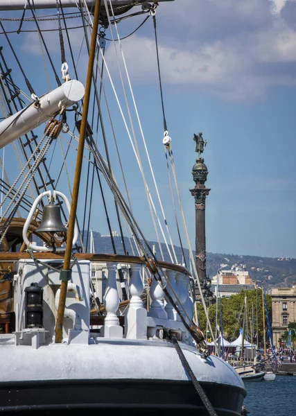 Barcelona Christopher Columbus statue viewed throug the rigging of a Sailing Ship
