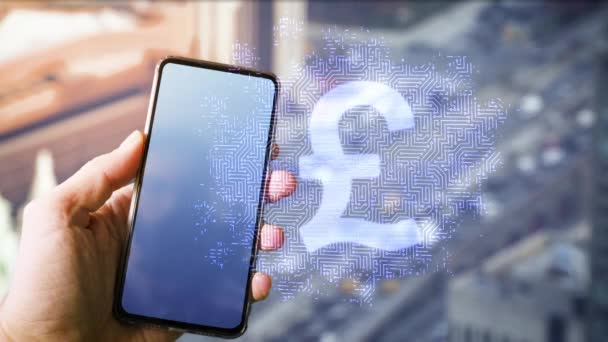 Smartphone dengan digital British pound di atasnya — Stok Video