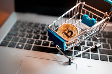 Bilgisayarının üzerinde bitcoin olan küçük bir alışveriş arabası.