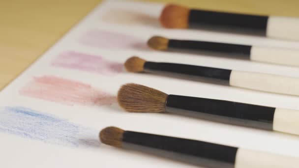 Pędzle do makijażu w rzędzie na papierze z kolorowymi próbkami — Wideo stockowe