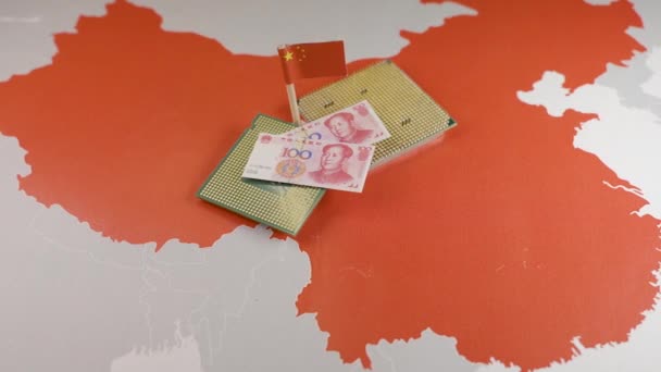 CPU and yuan bills over a Chinese map, symbolizing the Digital Yuan. — Stock Video