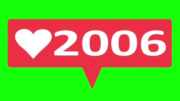 Design plano Heart 4K contador de mídia social, mostra cliques ao longo do tempo em um fundo de tela verde com alfa fosco. — Vídeo de Stock