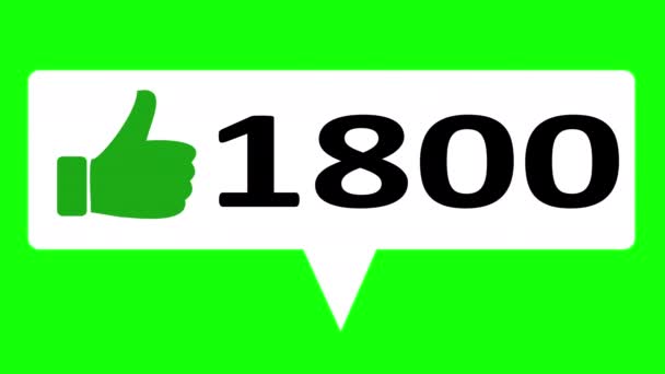 Platt design tummen upp ikonen i 4K sociala medier räknare, visar klick över tid på en grön skärm bakgrund med alfa matt. — Stockvideo