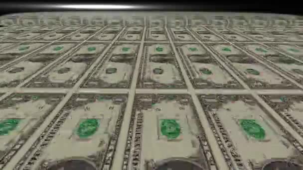 Imagen del concepto de animación que muestra una larga hoja de billetes de dólar estadounidense pasando por un rodillo de impresión en su fase final de una tirada de impresión — Vídeo de stock