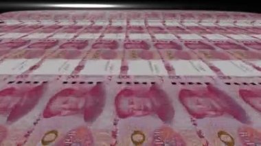 Animasyon konsepti resmi, bir yazdırma işleminin son aşamasında bir baskı silindirinden geçen Çin Yuan banknotlarının uzun bir sayfasını gösterir