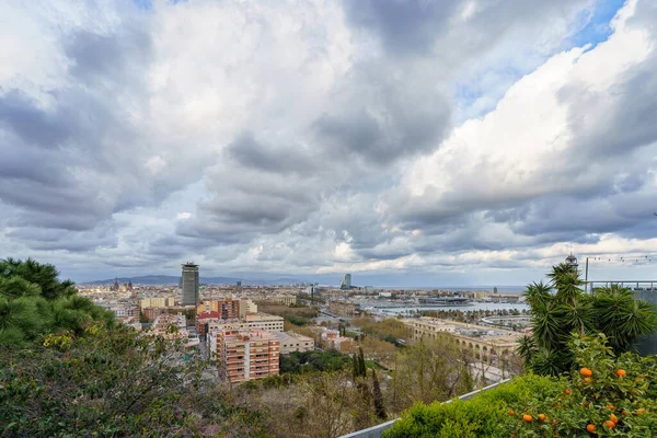Barcelona, Spain. March 2021: Cityscape top view on Barcelona city from Miramar gardens in Spain — Stock Photo, Image