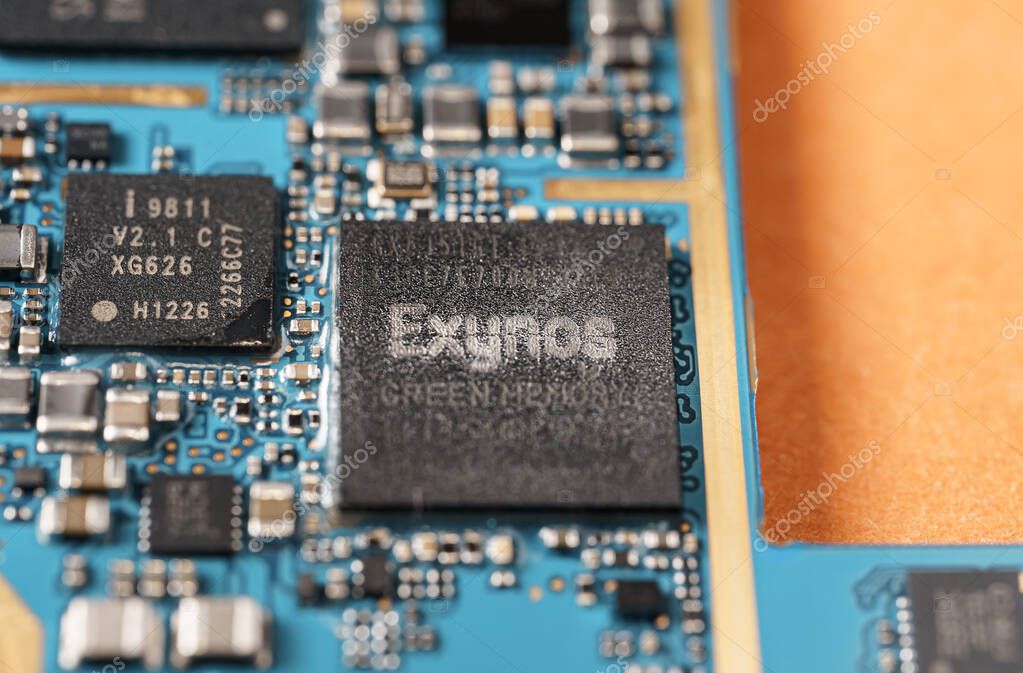 Barcelona, Spain. September 2021: Close-up of a Samsung Exynos microprocessor.