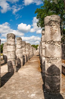 Antik Maya mimarisi aşınmış taş sütunlar sergiliyor ve parlak mavi gökyüzünün altında beyaz bulutlu bir yol Meksika 'daki tarihi mirası ve seyahat yerini temsil ediyor.