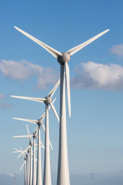 Fila di turbine eoliche e cielo blu — Foto Stock