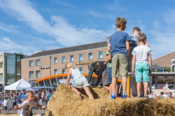 オランダ農業ジャガイモ祭りに干し草の俵で遊んでいる子供 — ストック写真