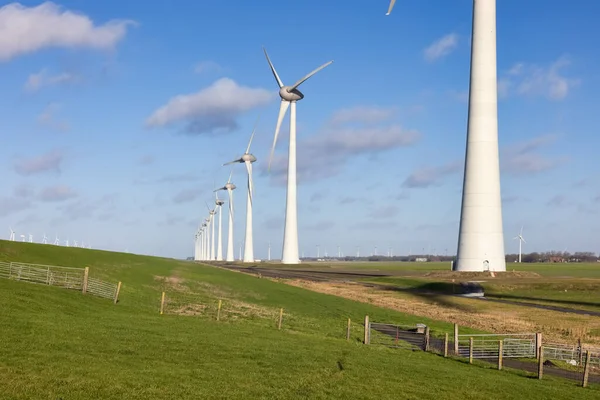 Turbinas eólicas en el paisaje de pólder del Noordoostpolder holandés — Foto de Stock