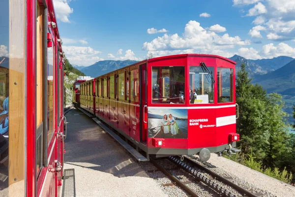 Avusturyalı Schafberg 'in tepesinde iki çark treni yan yana geçiyor.