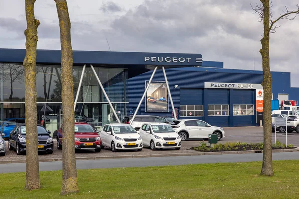 Peugeot car company with car park in front of garage — Stock Photo, Image