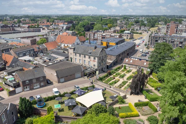 Aerial view village centre Dutch city Cuijk along river Meuse — Stock Photo, Image