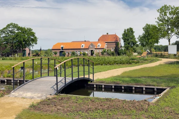 Nederländsk Offentlig Park Med Liten Kanal Och Träbro Nära Gammal — Stockfoto