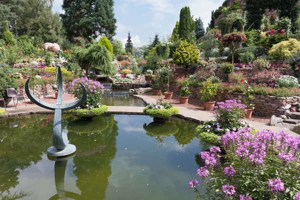 观赏的花园，有池塘和盛开的鲜花 — 图库照片