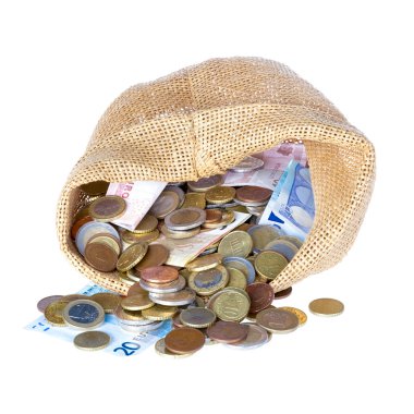 sikke ve banknot üzerinde beyaz izole para çanta