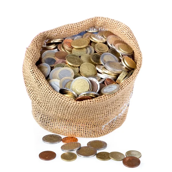 Money bag with coins isolated over white — Stock Photo, Image