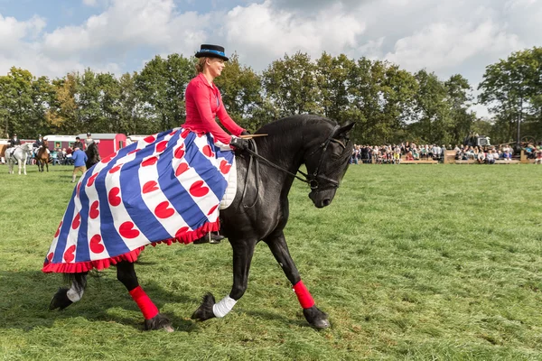 Amazon montando um cavalo negro durante um festival agrícola holandês — Fotografia de Stock