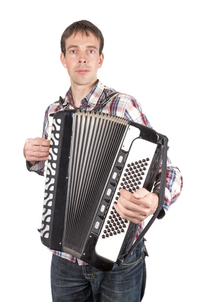 Mann spielt Ziehharmonika isoliert über Weiß — Stockfoto