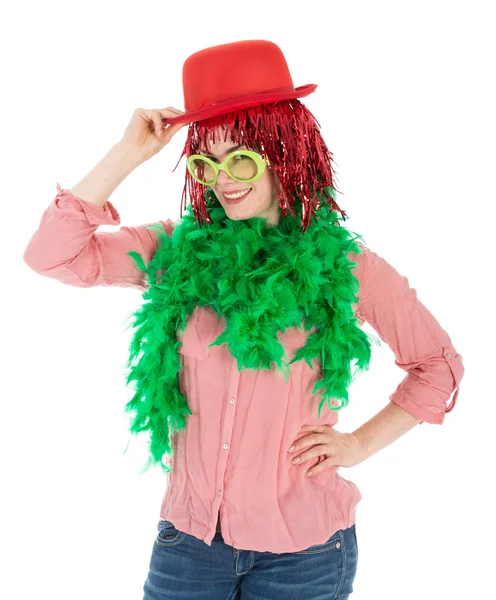 Woman in carnival costume with wig and bowler — Stock Photo, Image