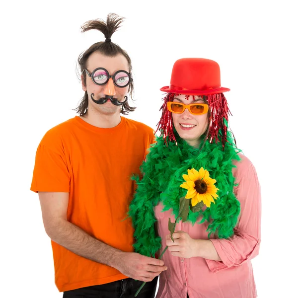 Man and Woman dressed in funny carnival costumes — Stock Photo, Image