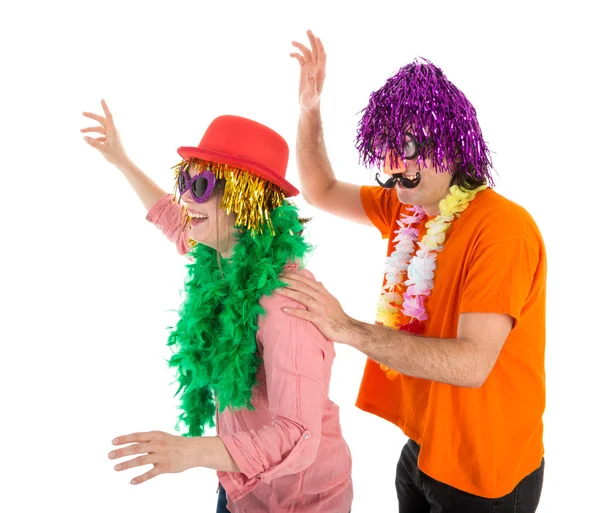 Mann und Frau in Karnevalskostümen tanzen eine Polonaise — Stockfoto