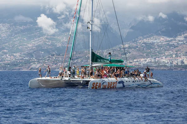 Turistas que fazem um passeio de barco para observação de baleias perto da Ilha da Madeira, Portugal — Fotografia de Stock