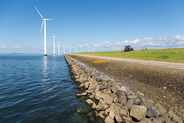 Lange rij off shore windturbines in de Nederlandse zee — Stockfoto