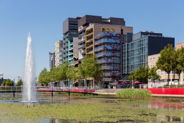 City view of Lelystad with pond and fountain, tthe Netherlands clipart