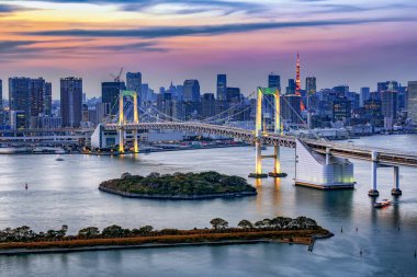 Tokyo Kulesi Arkaplanı, Odaiba, Tokyo, Japonya Sunset Gökkuşağı Köprüsü Işıklandırması