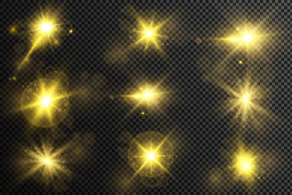 Ilustración Vectorial Rayos Luz Llamarada Abstracta Conjunto Estrellas Luz Resplandor — Archivo Imágenes Vectoriales