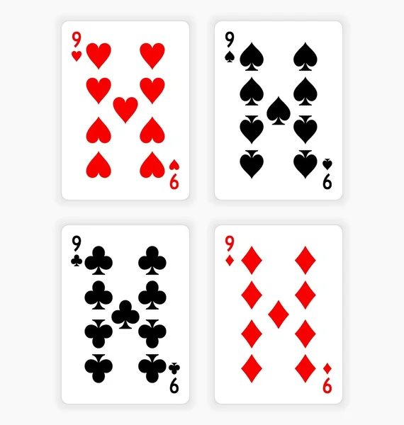 Jouer aux cartes montrant neuf de chaque costume — Image vectorielle