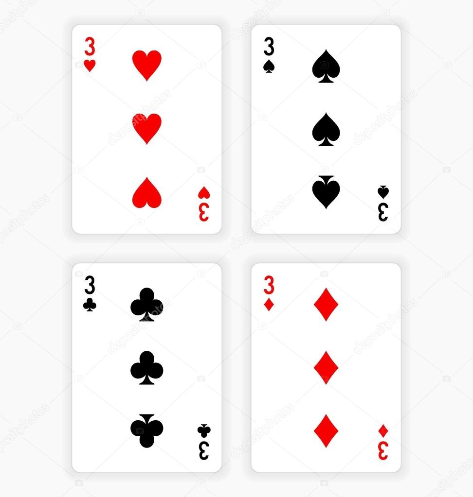 Playing Cards Showing Threes from Each Suit