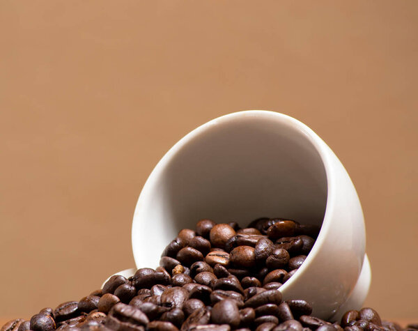cofee beans in a white ceramic cup. concept for food and beverage, relaxing time, wellness