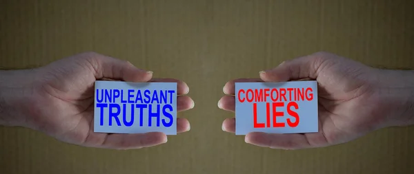 Unpleasant Truths Conforting Lies Cardboards Man Hands Concept Different Choices — Stock Photo, Image