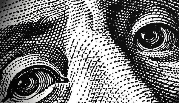 Глаза Бенджамина Франклина Калифорнийского Университета Фрагмент Банкноты Номиналом Сто Долларов — стоковое фото