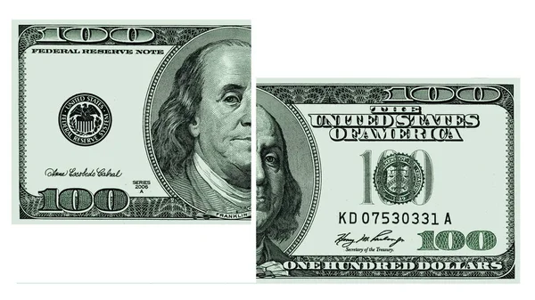 Die Hälfte Der Hundert Dollar Banknoten Auf Weißem Hintergrund — Stockfoto