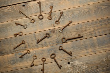 Eski ahşap zemin üzerine antika bakır tuşları