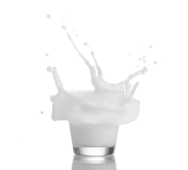 Salpicadura de leche en vidrio aislado sobre fondo blanco —  Fotos de Stock