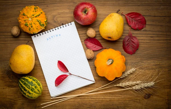 Fundo do Outono com notebook, colhidas de agricultura produtos em madeira — Fotografia de Stock