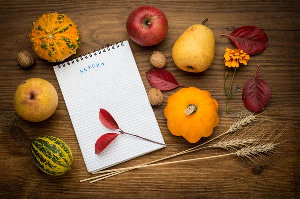 Höstens bakgrund med anteckningsboken, jordbruk skördade produkter på trä — Stockfoto