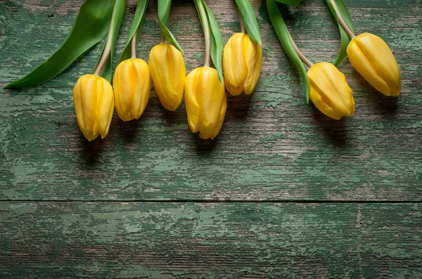 Yellow tulips over shabby green wooden table — Stock Photo, Image