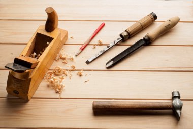 Assorted work tools on woodenn clipart