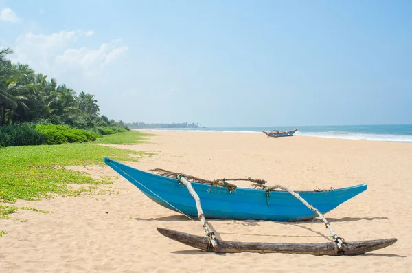 Plage tropicale avec palmiers et bateaux au Sri-Lanka — Photo